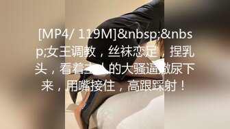 [MP4/ 119M]&nbsp;&nbsp;女王调教，丝袜恋足，捏乳头，看着主人的大骚逼撒尿下来，用嘴接住，高跟踩射！